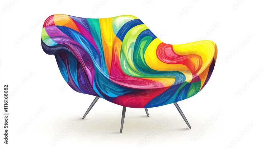 Poster vibrant modern designer armchair with colorful wave patterns displayed on a clean white background