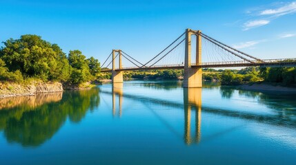 Fototapeta premium Suspension bridge with lightweight steel cables, crossing a wide river, with pedestrian paths hanging beneath the main deck