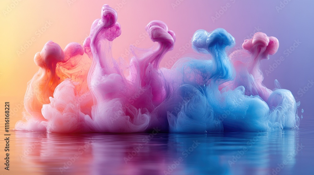Poster colorful ink swirling in water creating abstract patterns with vibrant pink and blue hues against a 