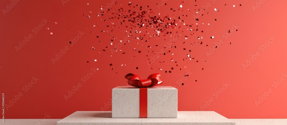 Poster festive gift box with red ribbon and vibrant background featuring falling confetti creating a celebr