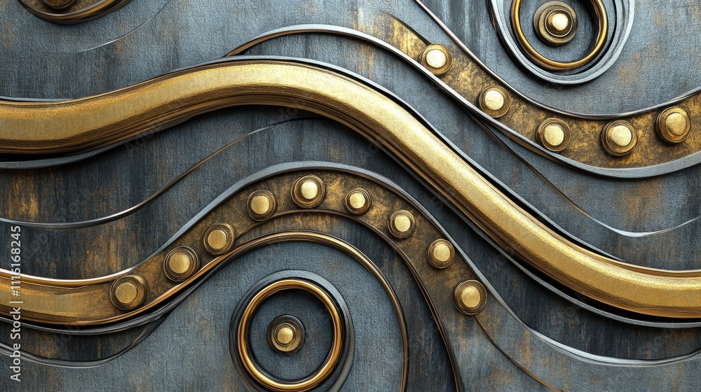 Poster Seamless metal decorative pattern featuring intricate waves and gold accents on a textured background for design applications.
