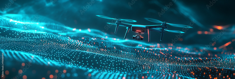 Poster a futuristic drone icon flying over a digital landscape of data points, with virtual maps and online