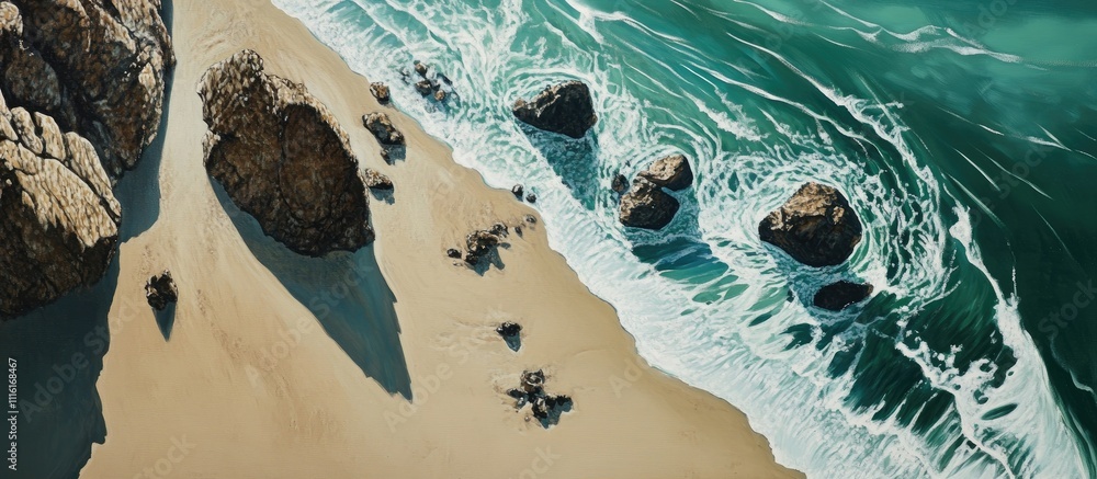 Aufkleber Aerial view of a serene beach with large rocks and crashing white waves creating a stunning coastal landscape.