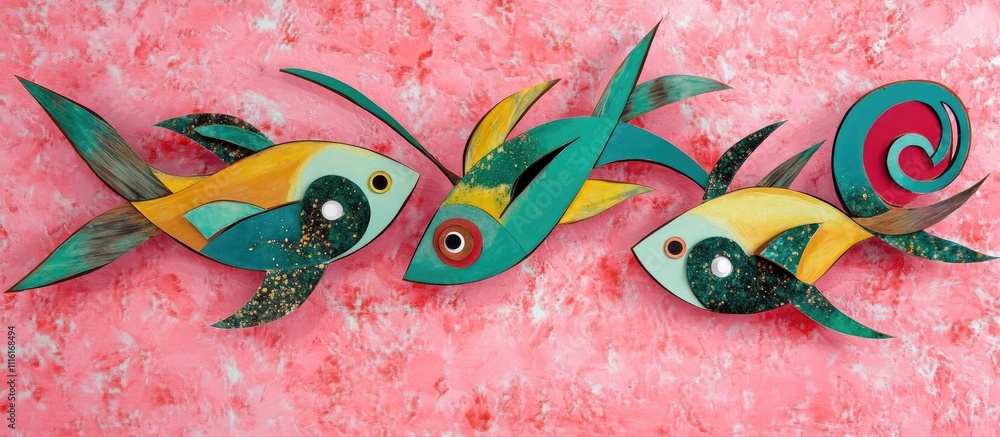 Poster colorful paper fish with whimsical designs and playful text on a vibrant pink background for creativ