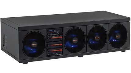 Obraz premium Powerful modern audio amplifier with advanced sound system and multiple cooling fans.