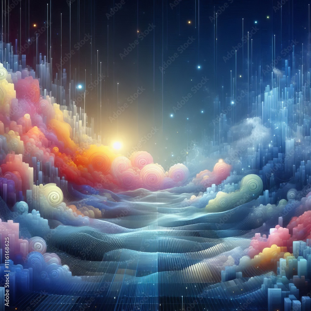 Poster digital dreams a blend of pixelated shapes and soft gradients su