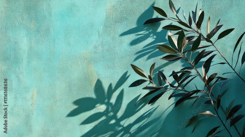 Aufkleber pointed tree leaves casting shadows on a textured green background, emphasizing natural elements and
