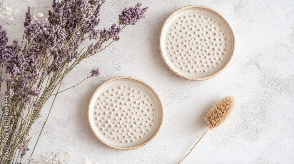 Poster ceramic plates with intricate textured patterns displayed on a soft, themed background, complemented