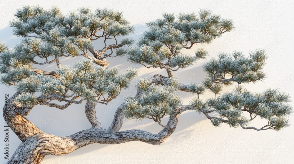 Poster pine tree branches with textured bark and lush foliage isolated on a bright white background for nat