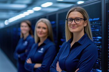 Women professionals in corporate attire pose confidently in a data center environment