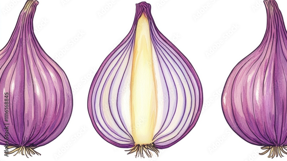 Poster sliced red onion illustration showcasing layers and texture on a clean white background for culinary