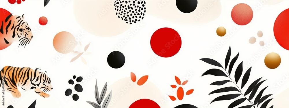 Poster colorful abstract design featuring tigers and circular patterns against a light background
