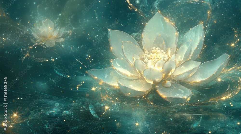 Poster Fractal lotus blossoms in tranquil waters with shimmering light reflections creating a peaceful and harmonious atmosphere