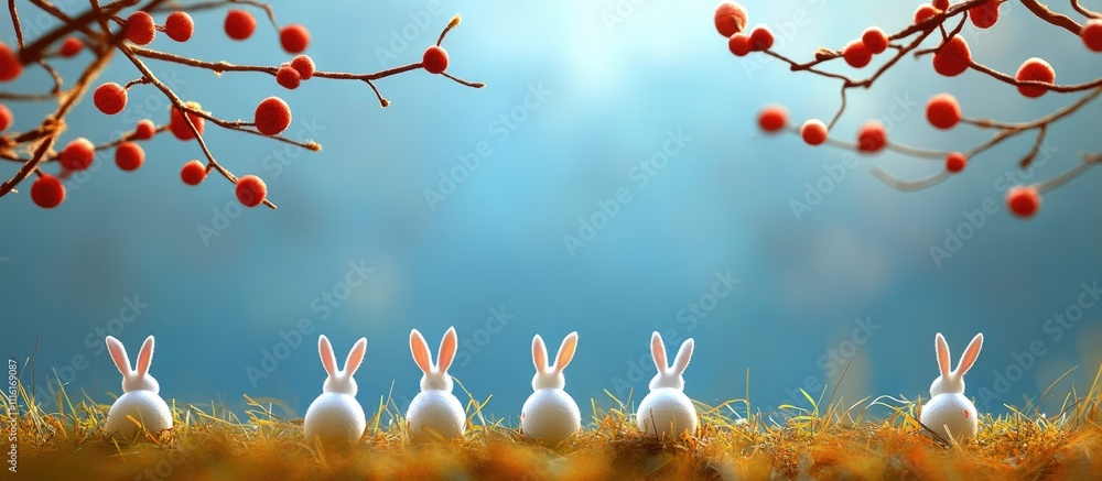 Poster festive scene of charming handmade rabbits and eggs on grass with soft bokeh background capturing th