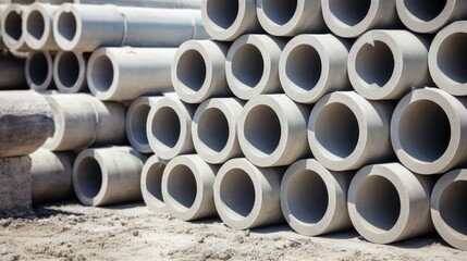 Stacked concrete pipes in an industrial warehouse showcasing cement production and manufacturing processes in a construction environment