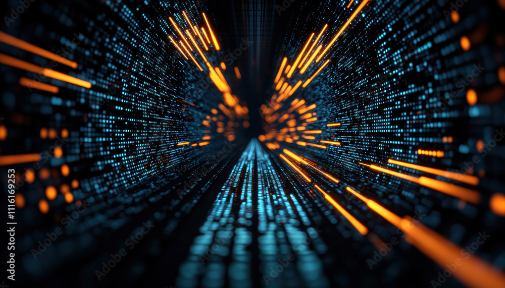 Aufkleber a dynamic abstract representation of glowing data streams, featuring vibrant blue and orange lines, 