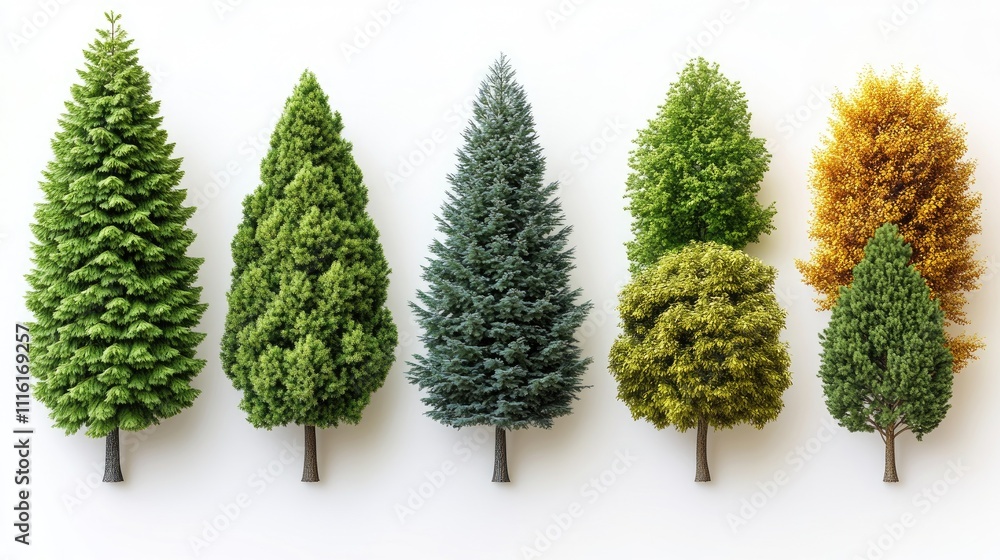 Poster variety of isolated trees showcasing diverse shapes and colors against a clean white background idea