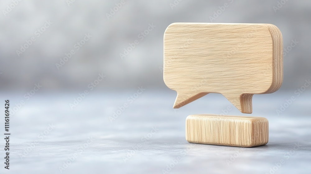 Poster a wooden speech bubble on a textured surface, representing communication and dialogue in a minimalis