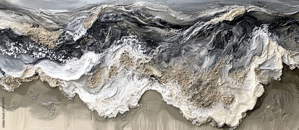 Poster abstract ocean waves with rich textures and colors creating a dynamic interplay of sea foam and sand