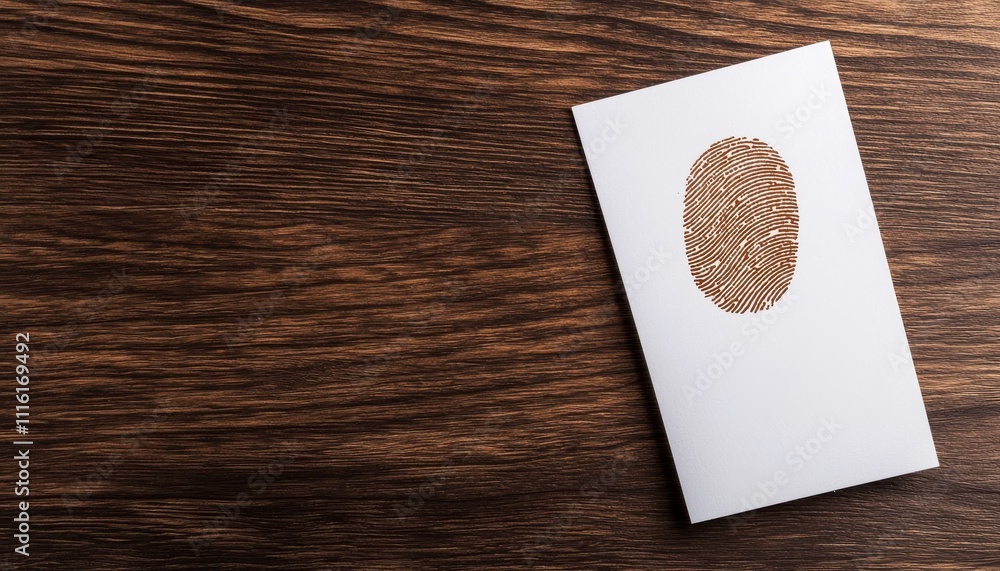 Poster A white card featuring a prominent fingerprint is placed on a wooden surface, highlighting themes of identity and security.