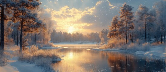 Fototapeta premium Serene winter landscape featuring a tranquil river reflecting golden sunset amidst snow-covered trees and a picturesque sky.