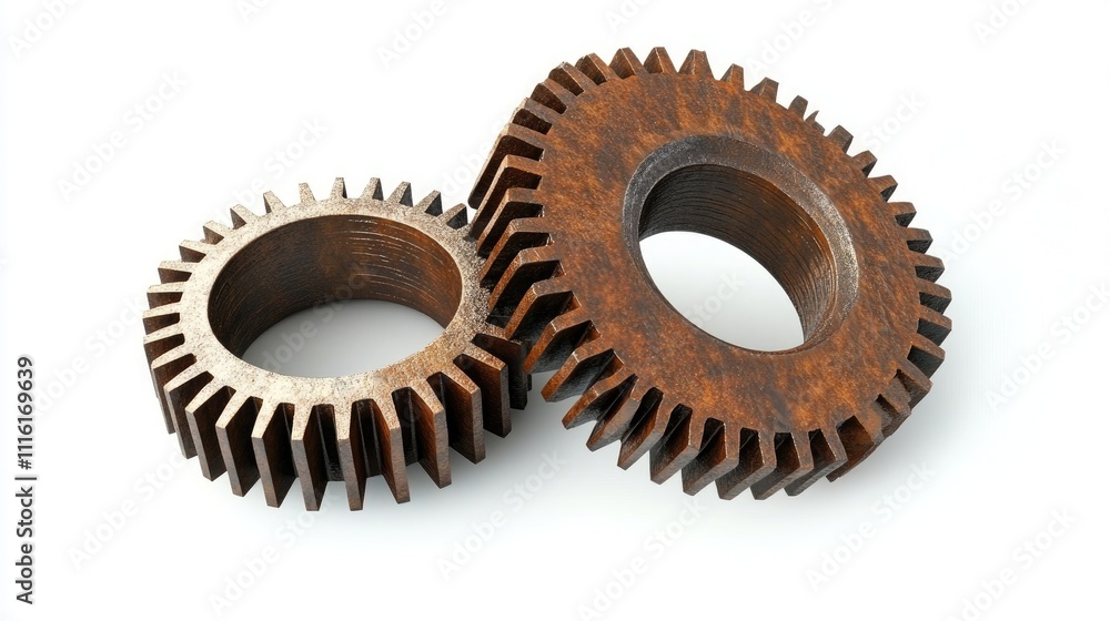 Poster rusty mechanical gears on a white background showcasing vintage industrial design and texture in a m