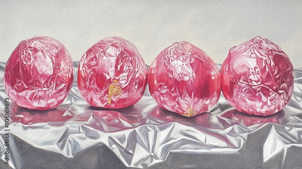 Poster vibrant pink radishes arranged in a row on a shimmering silver metallic background showcasing contra