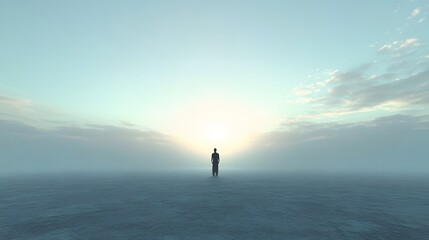 Solitary figure in a misty landscape at sunrise.
