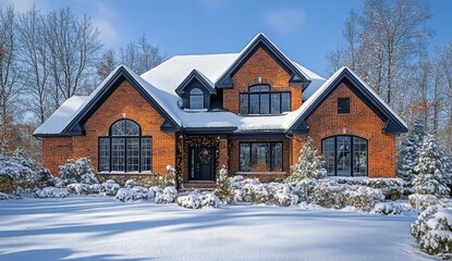 Charming brick home in the suburbs adorned with festive holiday lights