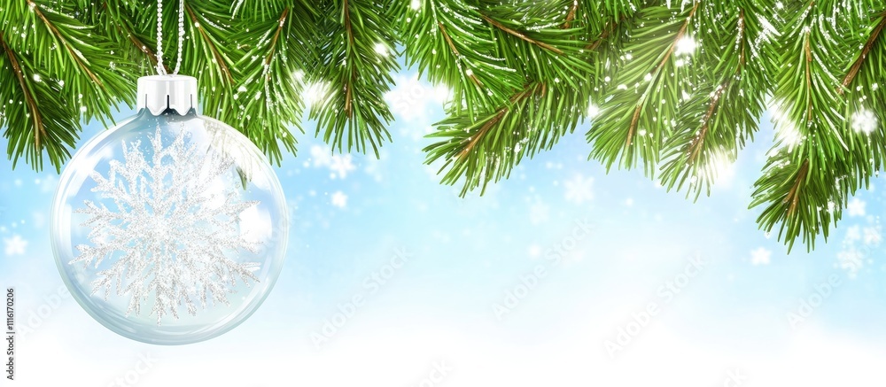 Poster christmas tree branches adorned with a glass bauble sparkling in winter light creating a festive hol
