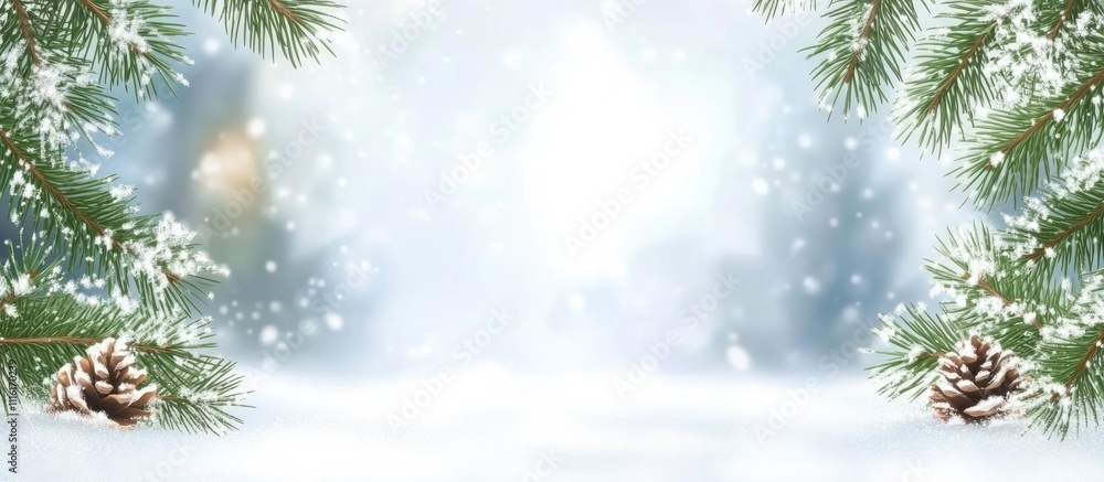 Aufkleber winter wonderland scene with snowflakes and pine branches creating a serene festive atmosphere on a 