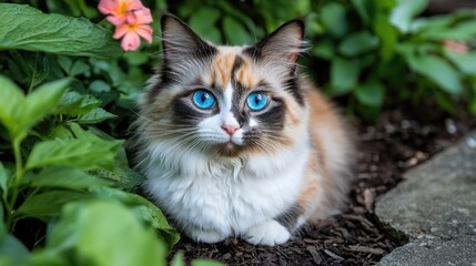 Adorable calico cat with striking blue eyes resting in a serene garden setting, surrounded by greenery, ideal for capturing the essence of a cute calico cat in a peaceful environment.