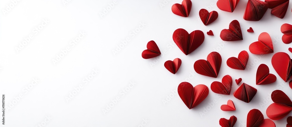 Poster red paper hearts scattered on a clean white surface creating a romantic and festive atmosphere for l