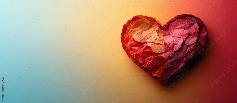 Poster Valentine's Day handmade heart on colorful paper backdrop with ample copy space for romantic messages or creative design elements