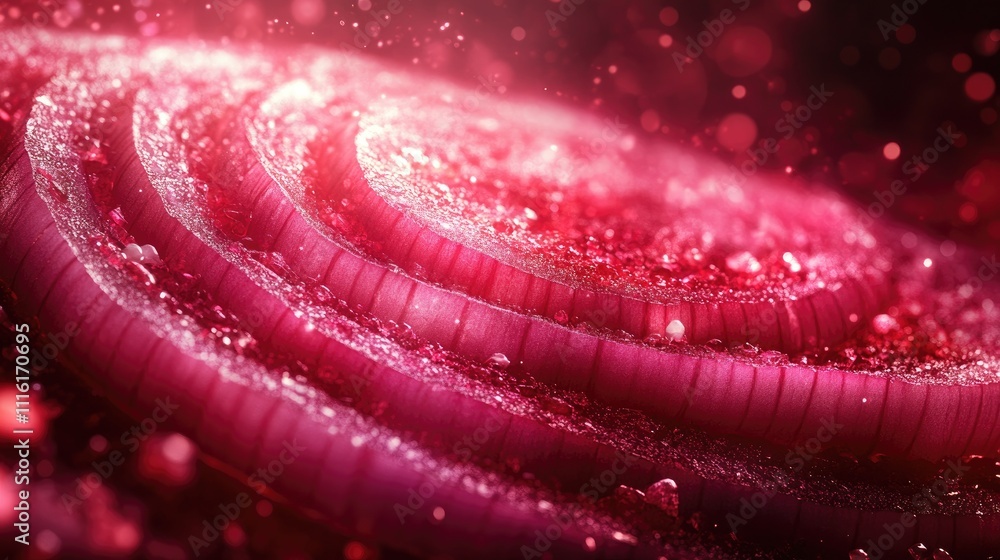 Poster abstract close-up of vibrant onion slices layered in a visually striking pattern with glistening dro