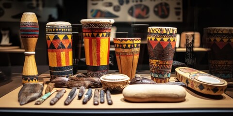 The lively and colorful traditional musical instruments of Aboriginal culture are on display, highlighting their significance and artistry. These instruments are a vital part of heritage.