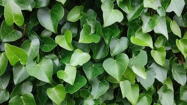 Green foliage wall with dense heart-shaped leaves creating a natural textured background for design or environmental themes.