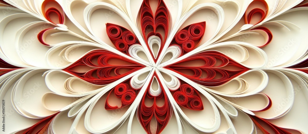Poster intricate paper snowflake design showcasing quilling technique in vibrant red and cream colors with 