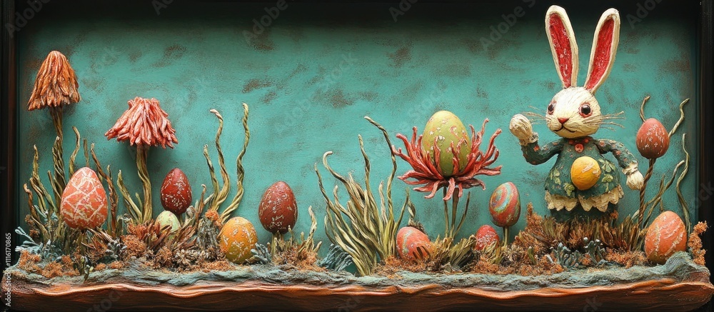 Poster whimsical easter diorama with colorful sugar rabbit and decorative eggs in a vibrant garden setting