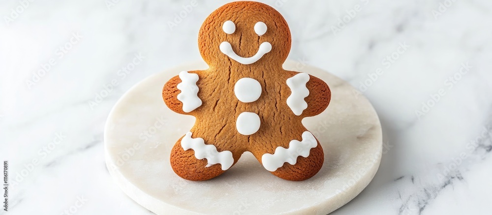 Poster gingerbread man cookie with festive icing design displayed on a marble serving board perfect for hol