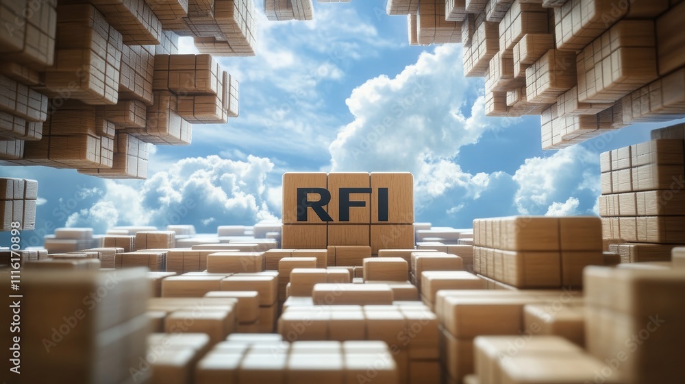 Poster wooden cubes spelling rfi surrounded by a sky background creating an engaging visual for concepts of