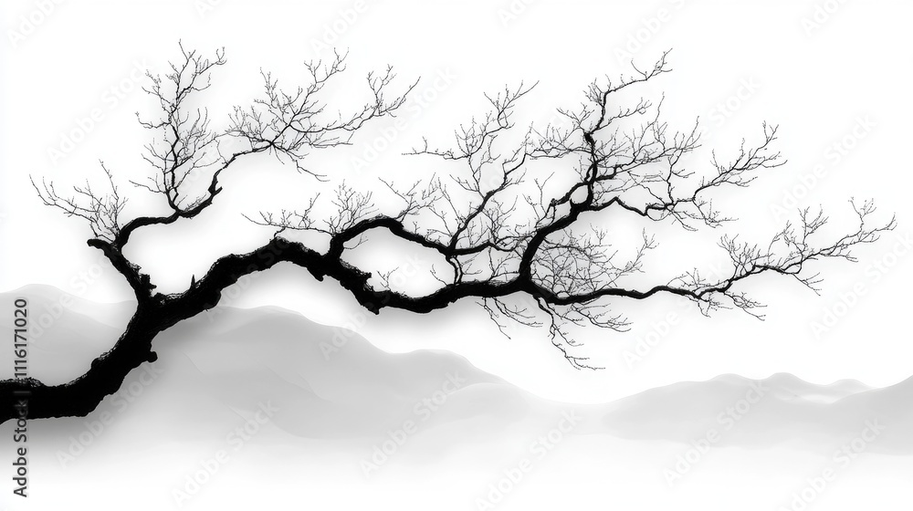 Poster silhouette of a leafless tree branch against a soft white background with subtle gray mountains in t