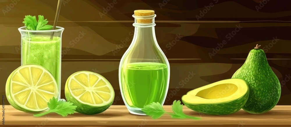 Aufkleber fresh avocado ingredients with lime and cilantro for culinary creations in a rustic kitchen setting