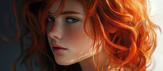 Fototapeta premium Portrait of a young girl with vibrant red hair and freckles showcasing a captivating and expressive gaze against a soft background
