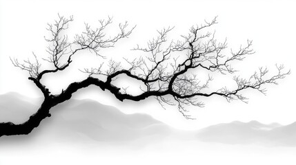 Fototapeta premium Silhouette of a leafless tree branch against a soft white background with subtle gray mountains in the distance