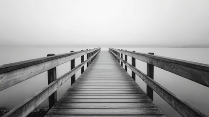 Fototapeta premium Long wooden pier stretches into the horizon, inviting exploration. The wooden pier creates a serene atmosphere with ample space for peaceful reflection and creative compositions.