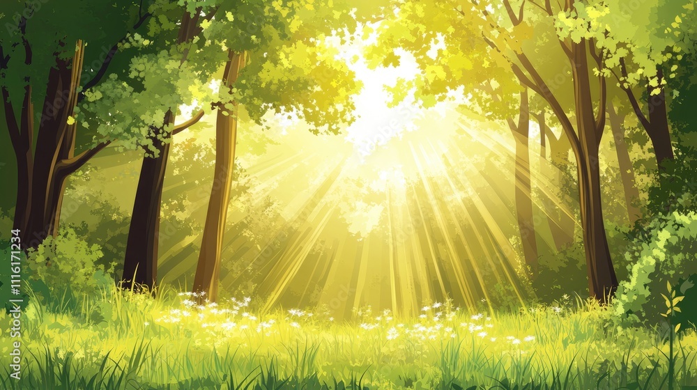 Poster lush green forest with sunlight streaming through trees illustrating a healthy ecosystem and natural