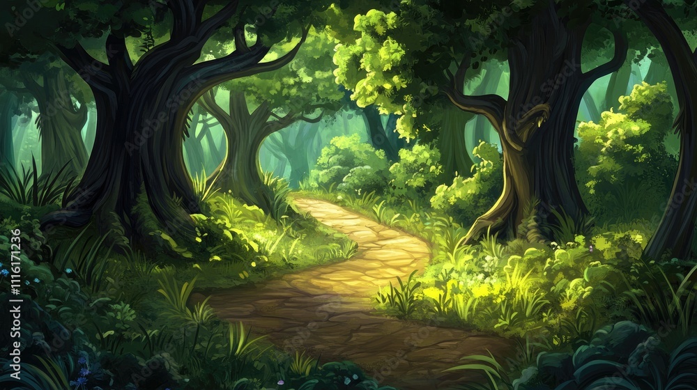 Poster Serene forest pathway surrounded by lush greenery and sunlight filtering through the trees in a tranquil natural setting.