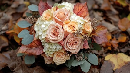 Autumn wedding bouquet crafted with roses and hydrangeas, perfect for the bride. This bridal boho bouquet offers a beautiful design with ample copy space for personalization.