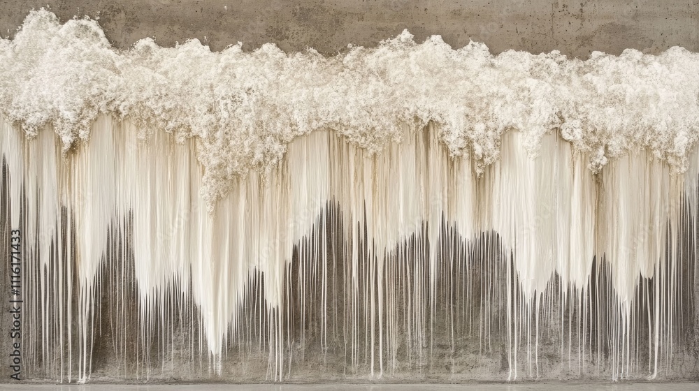 Poster Textured layer of peeling white paint on a weathered glass wall creating an abstract background with drips and streaks